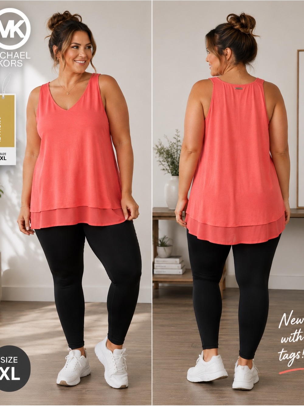 Michael Kors Coral Layered V-Neck Sleeveless Top